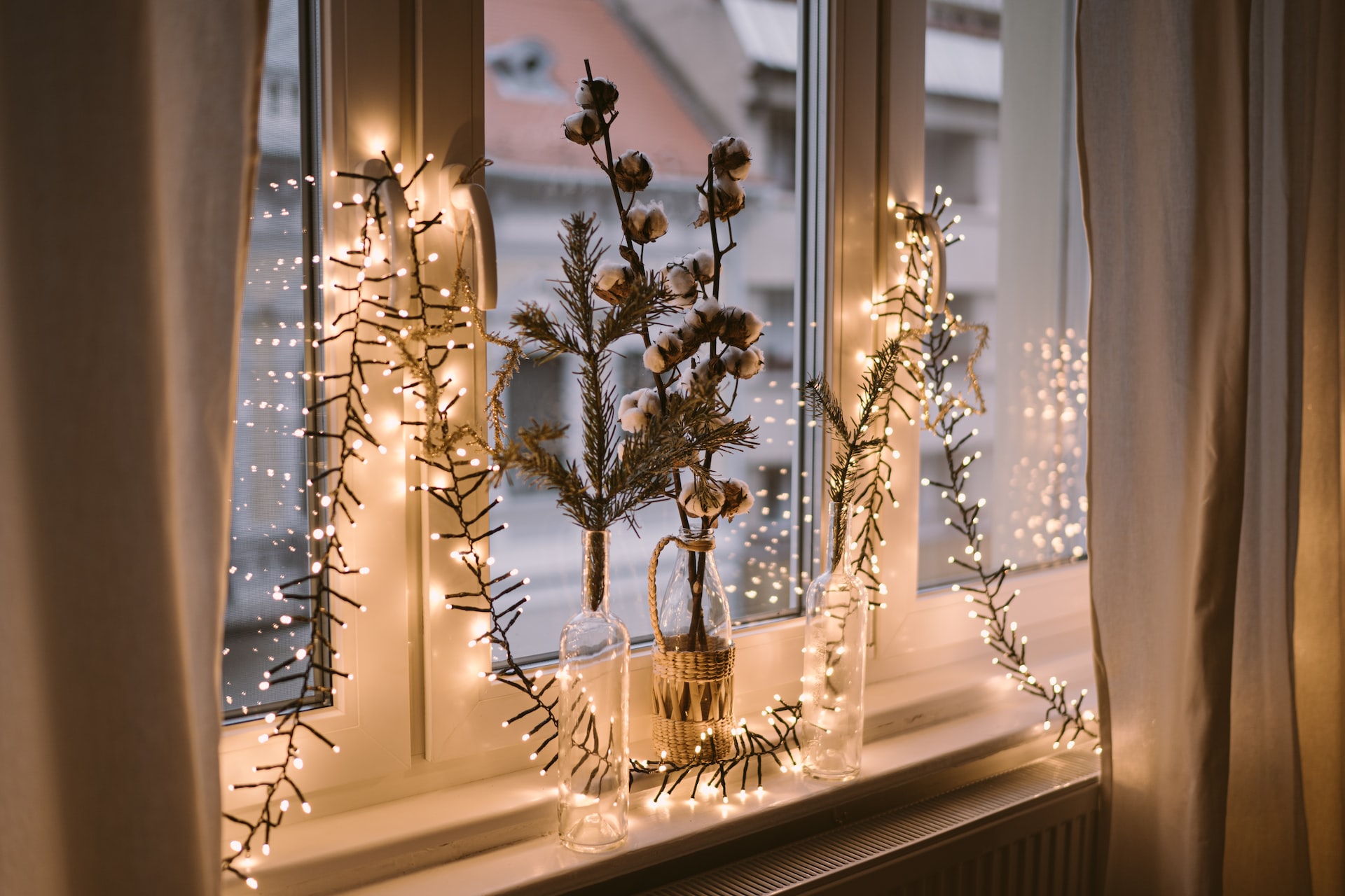 Window dressed up with Christmas decorations