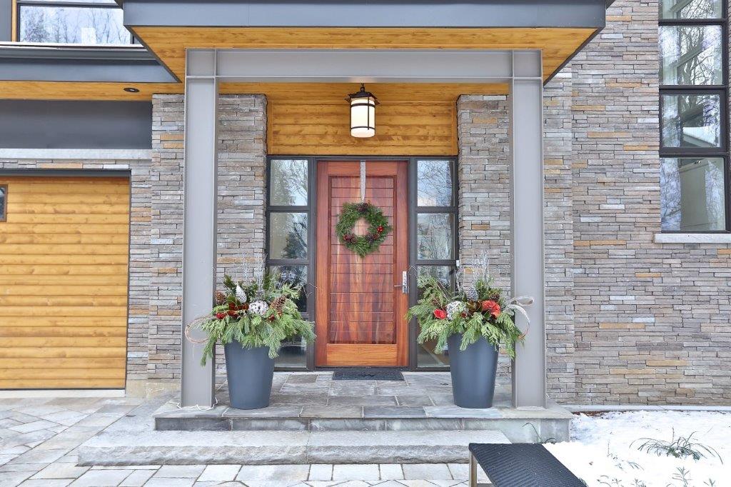 Front door decorated for Christmas