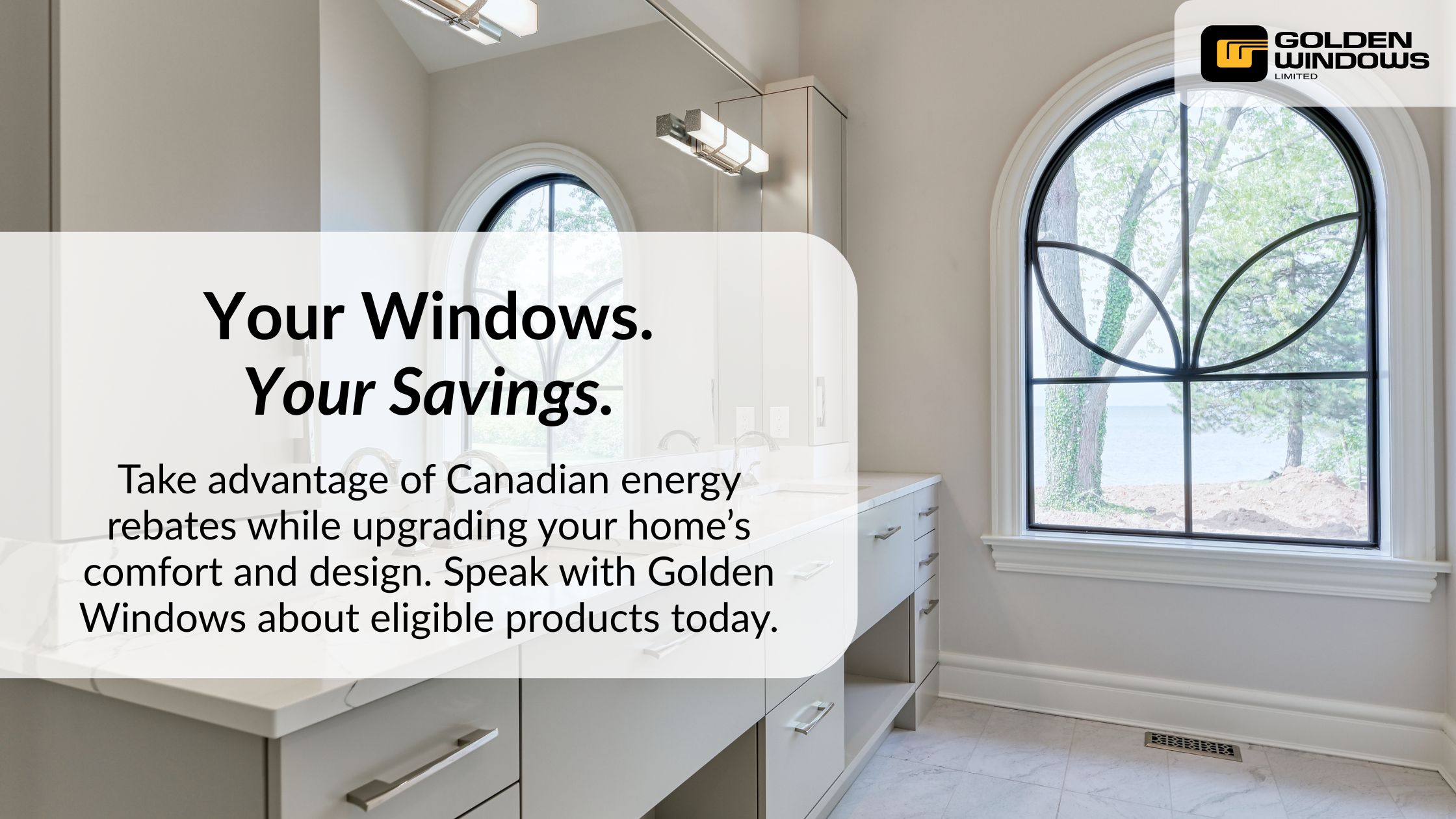 Elegant bathroom with arched black-trimmed windows, representing Golden Windows’ energy-efficient designs eligible for Canadian home improvement rebates.