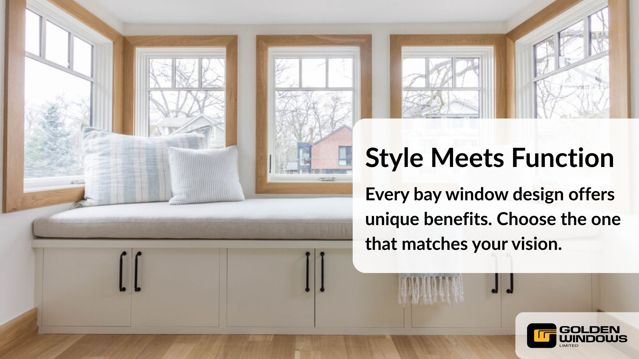 Cozy bay window seat with cushions, highlighting the stylish and functional design of Golden Windows bay windows.
