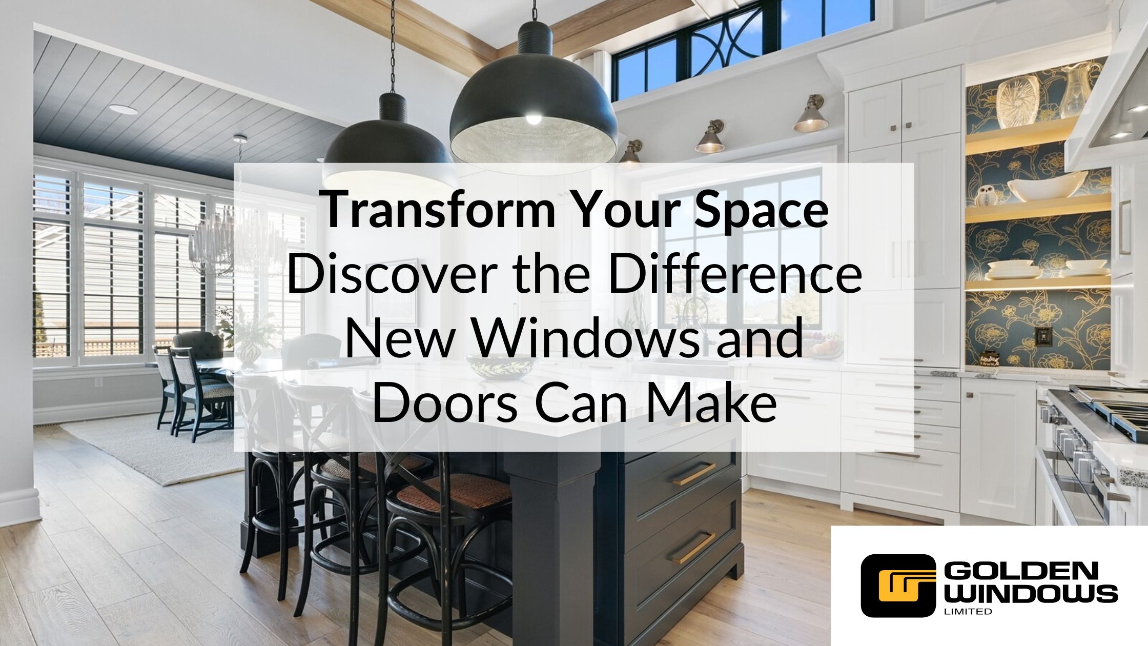 Stylish modern kitchen with black and white decor, enhanced by large new windows and doors. Highlights Golden Windows’ ability to transform living spaces through natural light and design.