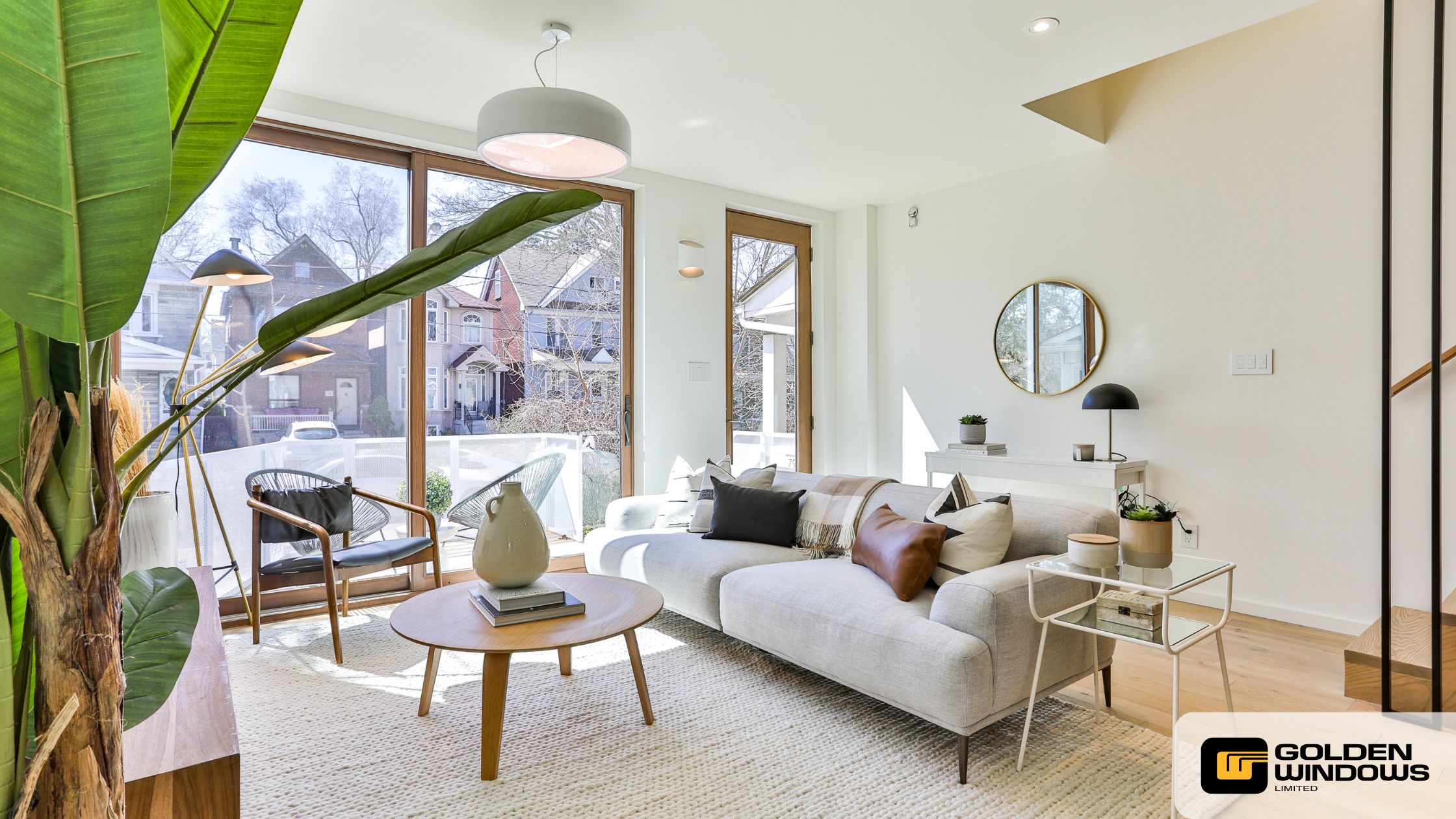 Modern living room with large Golden Windows patio doors and abundant natural light, highlighting energy efficiency and contemporary design