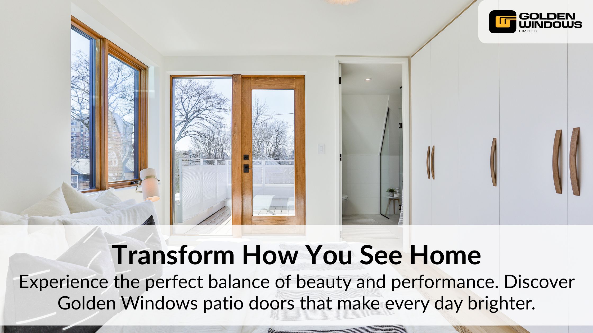 Bedroom with sleek wooden patio doors and modern interior design, representing Golden Windows’ balance of style, durability, and performance for the home.